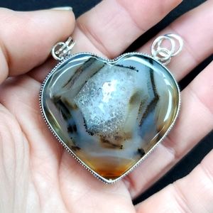 New Huge Heart Shaped Montana Agate 925 Silver Pendant.